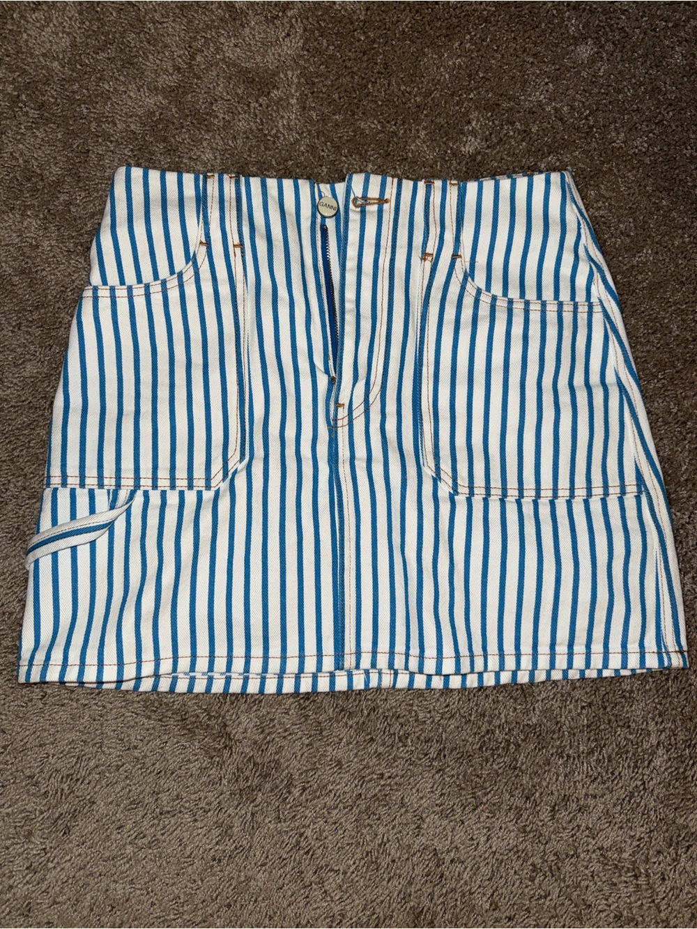Ganni White and Blue Vertical Stripe Mini Skirt